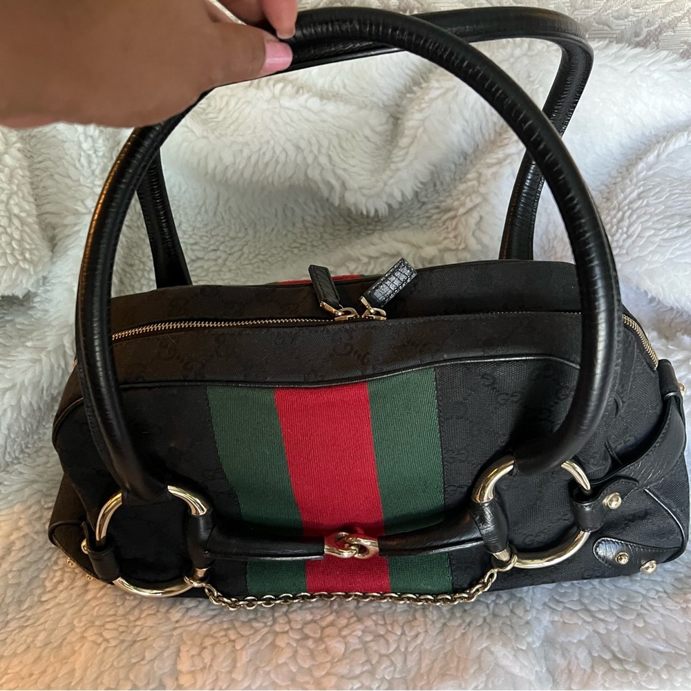 GUCCI Monogram 1955 Vintage Web Horsebit Shoulder Bag Black w/ Silver Hardware